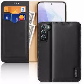 Dux Ducis Hivo Nahast Flip Cover Ehtne nahast rahakott kaartide ja dokumentide jaoks Samsung Galaxy S22 + (S22 Plus) Must