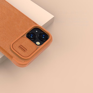 Nillkin Qin Nahast Pro Case iPhone 14 Plus kaamerakate Holster Cover Flip Case Brown