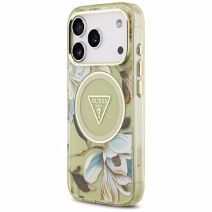 GUESS ümbris jaoks IPHONE 17 Pro Max compatible with MagSafe GUHMP17XHFLPEDN (IML Metal Glitter Flowers Triangle) roheline