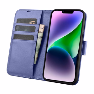 iCarer rahakoti ümbris 2in1 Cover iPhone 14 Plus Anti-RFID nahast klappümbriline ümbris helelilla (WMI14220727-LP)