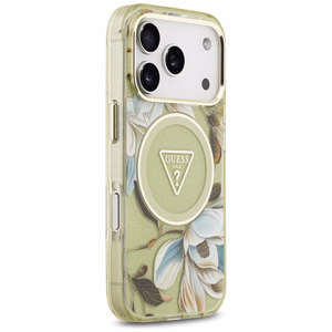 GUESS ümbris jaoks IPHONE 17 Pro Max compatible with MagSafe GUHMP17XHFLPEDN (IML Metal Glitter Flowers Triangle) roheline