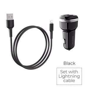 Borofone BZ13 Extreme autolaadija 2 USB-A pordiga, 12 W, Lightning-kaabliga, must
