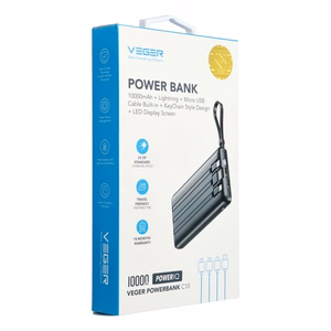 Powerbank Veger C10 (W1116) 10000 mAh with built-in Micro-USB cables / Typ C / Lightning must