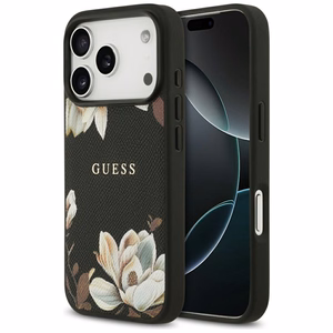 Guess Grained Flowers Classic Logo MagSafe ümbris jaoks iPhone 17 Pro - must