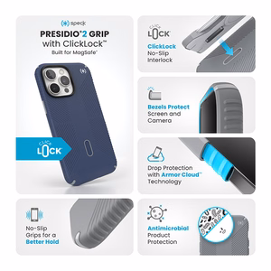 Speck Presidio2 Grip MagSafe'i ja ClickLocki toega ümbris iPhone 16 Pro Max-le, Coastal Blue/Dust Grey