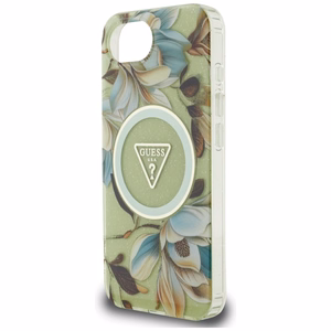 Guess IML Metal Glitter Flowers Triangle MagSafe iPhone 16e Ümbris - Roheline