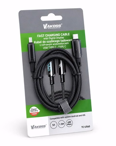Vakoss TC-U560 USB-C–USB-C kaabel digitaalse näidikuga, 100 W, 1,5 m, must