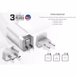 Energizer Ultimate A65MUC GaN reisilaadija EU / UK / US pistikutega, USB-C + USB-A, 65 W PD, USB-C-kaabliga, must
