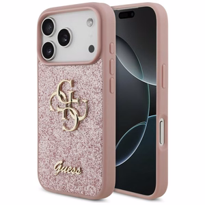 Guess PU Fixed Glitter 4G Metal Logo ümbris Apple iPhone 18 Pro telefonile, roosa