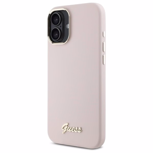 Guess Silicone Script Metal Logo & Frame iPhone 16 Ümbris - roosa