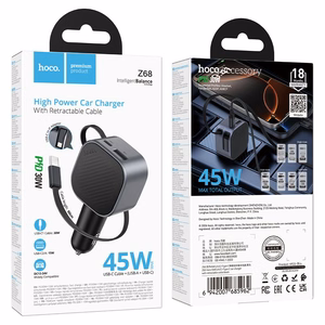 Autolaadija Hoco Z68, USB-A + USB-C, PD QC3.0, 45 W, väljatõmmatava USB-C-kaabliga, must