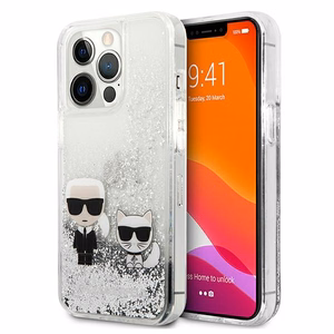 Karl Lagerfeld Liquid Glitter Karl&Choupette ümbris jaoks iPhone 13 Pro Max 6.7" - hõbedane