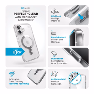 Speck Presidio Perfect-Clear MagSafe'i ja ClickLocki toega ümbris iPhone 16-le, Clear/Chrome
