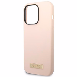 Guess Silicone Logo Plate MagSafe ümbris iPhone 14 Pro jaoks, roosa