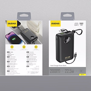Dudao K14+ akupank 20000mAh 22.5W USB-C / USB-A / sisseehitatud Lightning ja USB-C kaablid - must