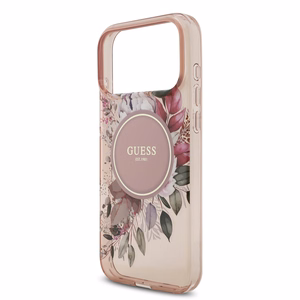 Guess IML Flowers Pearl Strap MagSafe ümbris jaoks iPhone 17 Pro Max roosa