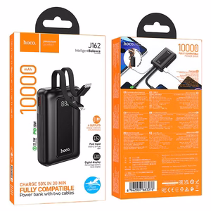 Hoco J162 akupank sisseehitatud USB-C- ja Lightning-kaablitega, 10000 mAh, QC, PD, 22,5 W, must