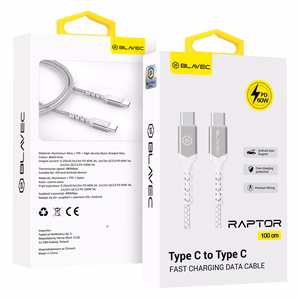 Blavec Kaabel Raptor braided - Type C to Type C - PD 60W 3A 1 metre Apple CarPlay/Android Auto (CRA-CC3WS10) valge-hõbedane