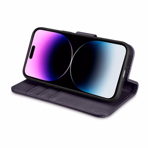 iCarer rahakott ümbris 2in1 Cover iPhone 14 Pro Anti-RFID nahast klappümbris tumelilla (WMI14220726-DP)