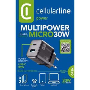 Cellularline Multipower Micro GaN USB-C ja USB-A Power Delivery võrgulaadija, 30 W, must