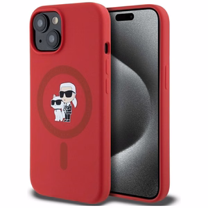 Karl Lagerfeld Silicone Karl&Choupette Heads Ring MagSafe iPhone 15 Ümbris - Punane