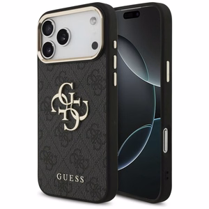 Guess PU Leather 4G Metal Logo Gold Frame ümbris Apple iPhone 18 Pro Max telefonile, must