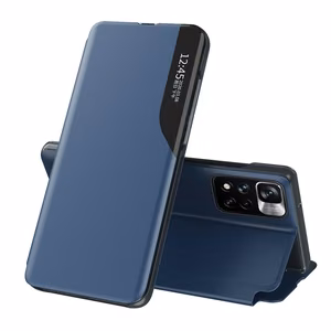 Eco Leather View Case Elegantne klappkate koos aluse funktsiooniga Poco M4 Pro 5G Sinine