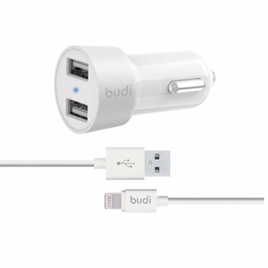 Budi BD622LW autolaadija 2 USB-A pordiga, LED-näidikuga, Lightning-kaabliga