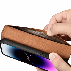 iCarer rahakoti ümbris 2in1 Cover iPhone 14 Pro Max nahast Flip Cover Anti-RFID pruun (WMI14220728-BN)
