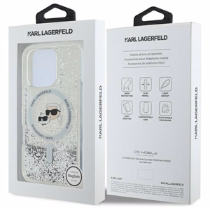 Karl Lagerfeld Liquid Glitter Karl & Choupette Head Magsafe iPhone 16 Pro Ümbris - Clear