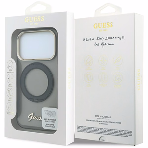 Guess IML Ring Stand 360 Script Metal Logo MagSafe ümbris mudelile iPhone 17 Pro / 18 Pro – must