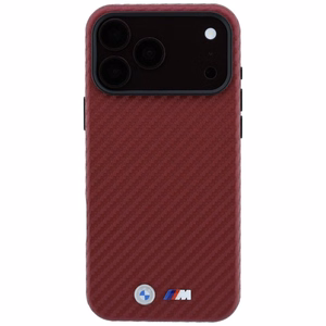 BMW kaitseümbris seadmele iPhone 18 Pro / 17 Pro: (Carbon Metal Logo), MagSafe'iga ühilduv, värv: bordoopunane