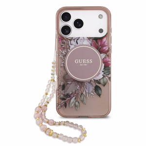 Guess IML Flowers Pearl Strap MagSafe ümbris jaoks iPhone 17 Pro Max roosa