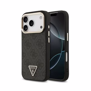 Guess PU Leather 4G Strass Triangle Logo Gold Frame MagSafe ümbris Apple iPhone 18 Pro Max telefonile, must