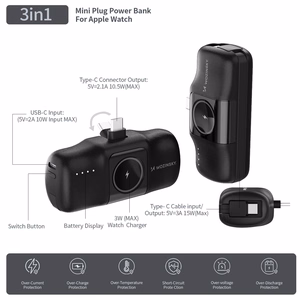 Wozinsky WF16-YCS 5000mAh 15W USB-C Mini Power Bank with Built-in USB-C Cable and Apple Watch Charger - Black