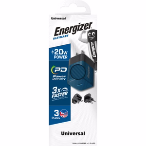 Energizer Ultimate A20MUBL GaN reisilaadija EU / UK / US pistikutega, USB-C, 20 W PD, sinine