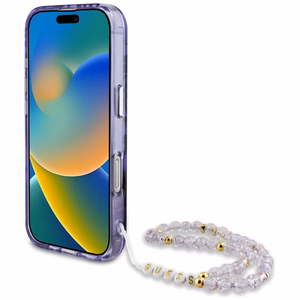 GUESS ümbris jaoks IPHONE 16 compatible with MagSafe GUHMP16SHPCTPLSU (IML Palm Trees Triangle W/ Pearl Strap) lilla