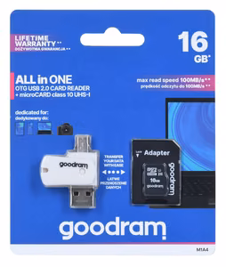 GOODRAM Memory MicroSD Card All in one - 16GB with adapter UHS I CLASS 10 100MB/s + reader