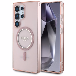 Guess Glitter Circle Classic Logo MagSafe Ümbris jaoks Samsung Galaxy S25 Ultra roosa