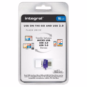 Integral Micro Fusion USB 3.0 OTG mälupulk USB-A ja Micro-USB ühendustega, 16 GB, valge