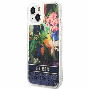 GUESS ümbris jaoks IPHONE 13 / 14 / 15 GUHCP14SLFLSB (Flower Liquid Glitter) sinine