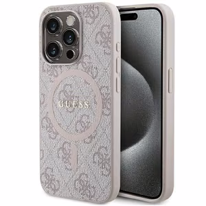 Guess 4G Collection Leather Metal Logo MagSafe Ümbris jaoks iPhone 15 Pro Max - Roosa