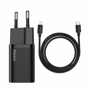 Baseus Super Si 20W USB-C laadija + USB-C – Lightning kaabel 1 m, must