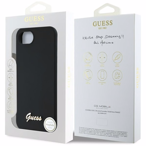 Guess Silicone Script Metal Logo MagSafe iPhone 16e Ümbris - Must