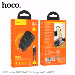 Laadija Hoco N28 must (PD20W / QC3.0) + Type-C / Lightning 100cm kaabel