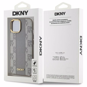 DKNY Leather Checkered Mono Pattern MagSafe iPhone 15 Plus Ümbris - Beige