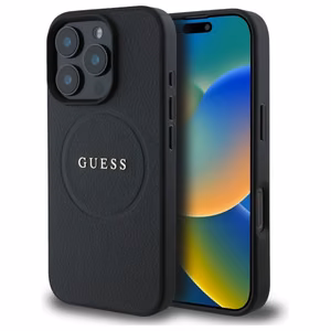 Guess Grained Kuldne Ring MagSafe ümbris jaoks iPhone 16 Pro Max - must