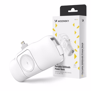 Wozinsky WF16-YLS 5000mAh 15W Lightning Mini Power Bank sisseehitatud USB-C kaabliga ja Apple Watchi laadijaga - valge