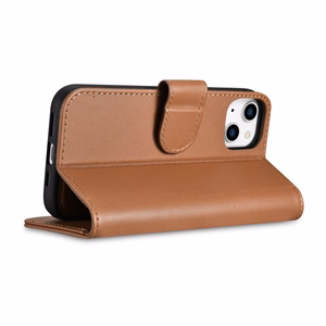iCarer Rahakott ümbris 2in1 ümbris iPhone 14 nahast ümbris klapiga Anti-RFID pruun (WMI14220725-BN)