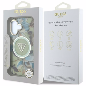 GUESS ümbris jaoks IPHONE 16 compatible with MagSafe GUHMP16SHFLPEDN (IML Metal Glitter Flowers Triangle) roheline